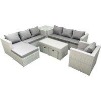 Fimous Wicker PE Rattan Sofa Garden Furniture Set with Oblong Coffee Table Armchair 3 Footstools Side Table Light Grey Mixed