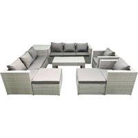Fimous Outdoor Garden Furniture Rattan Sofa Set with 2 Armchairs Oblong Coffee Table 2 Big Footstools Side Table Light Grey Mixed