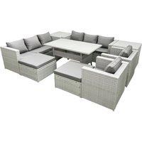 Fimous Rattan Garden Furniture Set Outdoor 8 Seater Patio Dinin g Sofa Sets with Dining Table 2 Chairs 2 Side Tables 2 Big Footstools Light Grey Mixed