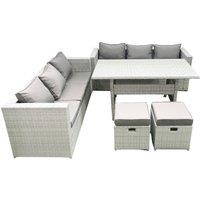 Fimous Rattan Garden Furniture Set 8 Seater Outdoor Sofa Set with Dining Table 2 Small Footstools Light Grey Mixed