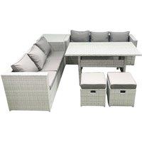 Fimous Rattan Garden Furniture Set 8 Seater Outdoor Sofa Set with Dining Table Side Table 2 Small Footstools Light Grey Mixed
