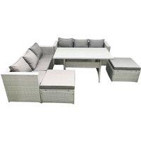 Fimous Rattan Garden Furniture Set 8 Seater Outdoor Sofa Set with Dining Table 2 Big Footstools Light Grey Mixed