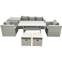Fimous Garden Dining Set Outdoor Rattan Furniture Set with Sofa Dining Table 2 Chairs 2 Small Footstools Side Table Light Grey Mixed