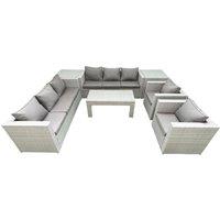 Fimous Outdoor Garden Furniture Rattan Sofa Set with 2 Armchairs Oblong Coffee Table 2 Side Tables Light Grey Mixed