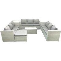 Fimous Rattan Garden Outdoor Furniture Set 10 Seater Garden Sofa Coffee Table Set with Big Footstool Side Table Light Grey Mixed
