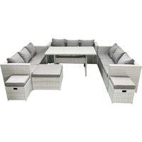 Fimous Rattan Garden Outdoor Furniture Set 12 Seater Garden Sofa Rectangulr Dining Table Set with 3 Footstools Light Grey Mixed