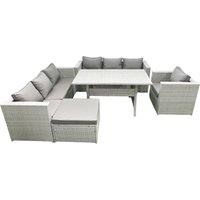 Fimous 5 Pieces Outdoor Rattan Sofa Set with Cushions Patio Garden Furniture Sets with Armchair Dining Table Big Footstool in Light Grey
