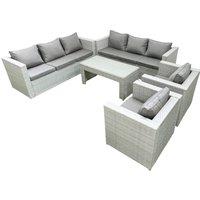 Fimous Outdoor Garden Furniture Rattan Sofa Set with 2 Armchairs Oblong Coffee Table Light Grey Mixed