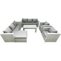Fimous Outdoor Garden Furniture Rattan Sofa Set with 2 Armchairs Oblong Coffee Table Big Footstool Light Grey Mixed