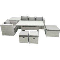 Fimous Rattan Garden Furniture Dining Set 7 Seater Lounge Sofa Chair Dining Table Set with 3 Footstools Side Table Light Grey Mixed