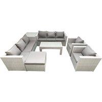 Fimous Outdoor Garden Furniture Rattan Sofa Set with 2 Armchairs Oblong Coffee Table Big Footstool Side Table Light Grey Mixed