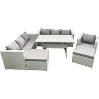Fimous 7 Pieces Outdoor Rattan Sofa Set with Cushions Patio Garden Furniture Sets with Armchair Dining Table 2 Big Footstools in Light Grey
