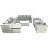 Fimous Outdoor Rattan Sofa Garden Furniture Set with 2 Armchairs Oblong Coffee Table Big Footstool Side Table Light Grey Mixed