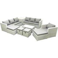 Fimous Rattan Garden Furniture Set 9 Pieces Outdoor Garden Sofa Chair Coffee Table Set with Side Table 4 Footstools Light Grey Mixed
