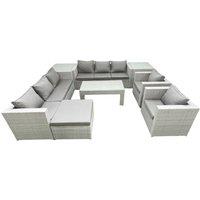 Fimous Outdoor Garden Furniture Rattan Sofa Set with 2 Armchairs Oblong Coffee Table Big Footstool 2 Side Tables Light Grey Mixed