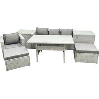 Fimous Rattan Garden Furniture Set Outdoor 6 Seater Patio Dining Sets with Glass Top Dining Table 2 Side Tables Light Grey Mixed