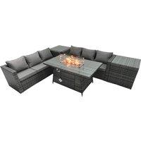 Fimous Rattan Garden Furniture Firepit Dining Set 6 Seater Lounge Sofa Table Set with 2 Side Tables in Dark Grey