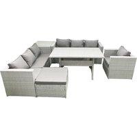 Fimous 6 Pieces Outdoor Rattan Sofa Set with Cushions Patio Garden Furniture Sets with Armchair Dining Table Side Table Big Footstool in Light Grey