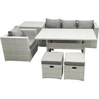 Fimous Rattan Garden Furniture Dining Set 6 Seater Lounge Sofa Chair Dining Table Set with 2 Small Footstools Side Table Light Grey Mixed