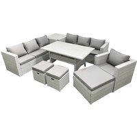 Fimous 8 Pieces Outdoor Rattan Sofa Set with Cushions Patio Garden Furniture Sets with Armchair Dining Table Side Table 3 Footstools in Light Grey