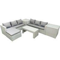 Fimous 7 Seater Garden Outdoor Rattan Furniture Set Rattan Garden Sofa Oblong Coffee Table with Big Footstool 2 Side Tables Light Grey Mixed