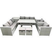 Fimous Rattan Garden Furniture Set Outdoor 8 Seater Patio Dinin g Sofa Sets with Dining Table 2 Chairs Side Table 2 Small Footstools Light Grey Mixed