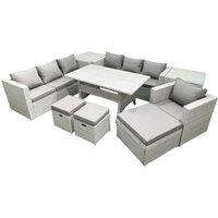 Fimous 9 Pieces Outdoor Rattan Sofa Set with Cushions Patio Garden Furniture Sets with Armchair Dining Table 2 Side Tables 3 Footstools in Light Grey