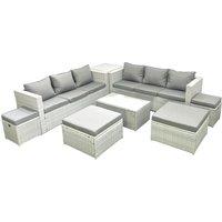 Fimous 8 Pieces Rattan Garden Furniture Set Outdoor Garden Sofa Coffee Table Set with Side Table 4 Footstools Light Grey Mixed