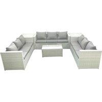 Fimous Rattan Garden Outdoor Furniture Set 9 Seater Garden Sofa Coffee Table Set with 2 Side Tables Light Grey Mixed