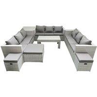 Fimous Rattan Garden Outdoor Furniture Set 12 Seater Garden Sofa Oblong Coffee Table Set with 3 Footstools Side Table Light Grey Mixed