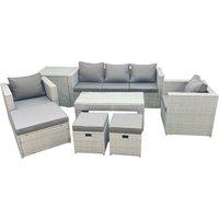 Fimous Rattan Garden Furniture Set 8 Seater Outdoor Garden Sofa Oblong Coffee Table Set with 2 Chairs 3 Stools Side Table Light Grey Mixed