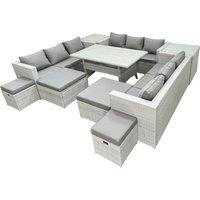 Fimous Rattan Garden Furniture Dining Set 13 Seater Lounge Sofa Dining Table Set with 4 Footstools 2 Side Tables Light Grey Mixed