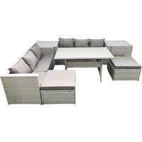 Fimous Rattan Garden Furniture Set 8 Seater Outdoor Sofa Set with Dining Table 2 Side Tables 2 Big Footstools Light Grey Mixed