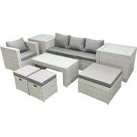 Fimous Rattan Garden Furniture Set Outdoor Lounger Sofa with Coffee Table 3 Footstools 2 Side Tables Light Grey Mixed 7 Seater