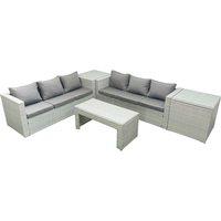 Fimous 6 Seater Garden Outdoor Rattan Furniture Set Rattan Garden Sofa Oblong Coffee Table with 2 Side Tables Light Grey Mixed