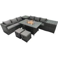 Fimous Rattan Garden Furniture Firepit Dining Set 8 Seater Lounge Sofa Table Set with 2 Small Footstools in Dark Grey