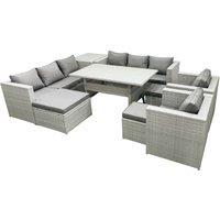 Fimous Rattan Garden Furniture Set Outdoor 8 Seater Patio Dinin g Sofa Sets with Dining Table 2 Chairs Side Table 3 Footstools Light Grey Mixed