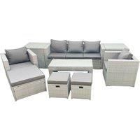 Fimous Rattan Garden Furniture Set 8 Seater Outdoor Garden Sofa Oblong Coffee Table Set with 2 Chairs 3 Stools 2 Side Tables Light Grey Mixed