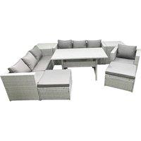 Fimous 9 Pieces Outdoor Rattan Sofa Set with Cushions Patio Garden Furniture Sets with Armchair Dining Table 2 Side Tables 2 Big Footstools