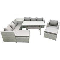 Fimous 8 Pieces Outdoor Rattan Sofa Set with Cushions Patio Garden Furniture Sets with Armchair Dining Table Side Table 2 Big Footstools in Light Grey