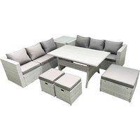 Fimous Rattan Garden Furniture Set 9 Seater Outdoor Sofa Set with Dining Table Side Table 3 Footstools Light Grey Mixed
