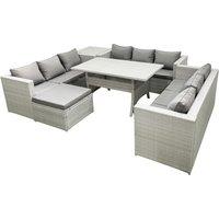 Fimous Rattan Garden Outdoor Furniture Set 10 Seater Garden Sofa Rectangulr Dining Table Set with Big Footstool Side Table Light Grey Mixed