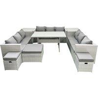Fimous Rattan Garden Outdoor Furniture Set 12 Seater Garden Sofa Rectangulr Dining Table Set with 3 Footstools 2 Side Tables Light Grey Mixed