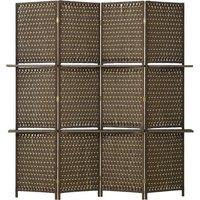 HOMCOM 4 Panel Folding Wall Divider Room with Shelves Privacy Screen Panels in Brown