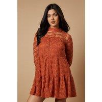 Embroidered Mesh High Neck Tier Smock Mini Dress