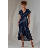 Jolie Moi Women's Metallic Spot Textured Chiffon Maxi Dres in Navy | Size: 10