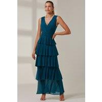 Jolie Moi Women's Plain Tiered Mesh Maxi Dress in Blue | Size: 14