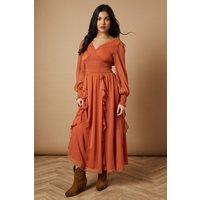 Oasis Women's Plain Ruffle Detail Shirred Waist Midaxi Dress in Ginger | Size: 10