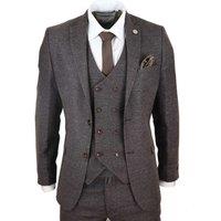 TruClothing Men's 3 Piece Suit Double Breasted Tweed in Brown | Size: 48R