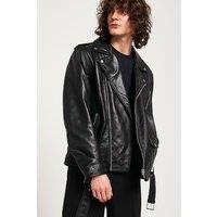 Barneys Originals Men's Real Leather Biker Jacket with Belt in Black | Size: Medium